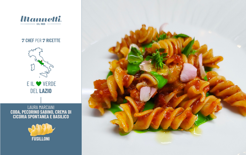 Fusilloni Mannetti - Coda, pecorino Sabino, crema di cicoria spontanea e basilico